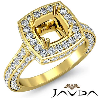 Halo Diamond Engagement Designer Ring 14k Yellow Gold Cushion Semi Mount 1.6Ct