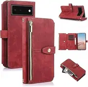 UEEBAI Wallet Case for Google Pixel 7 Pro, Retro 9 Card Holder Slots Zipper Pocket Handbag Case PU Leather Magnetic Closure Kickstand with Wrist Strap TPU Shockproof Flip Case - Vintage Red