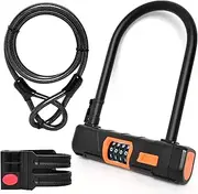 RunPig Bike U Lock with Steel Cable, Heavy Duty Anti-Theft Bike U Lock, 4-Digit Resettable Combination Lock for Bicycle, E-bike, Motorcycle, Escooter, Electric Moped Lock, Bike Accessories, Combo Lock