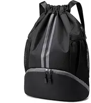 Drawstring Backpack Sports Gym Sackpack with Side Mesh Pockets Shoe Compartment Water String Bag for Women Men Black