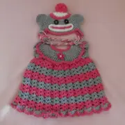 Doll Clothes Outfit, Crochet Dress HPk Sock Monkey Dress and Hat Fit 15-17" Doll