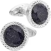 [Jonwo] Blue Sandstone Round Men's Cufflinks In Gift Case Silver / 14K Gold Plated Natural Gemstone Cufflinks for Men Jewelry for Wedding Party Business Birthday Anniversary Dress