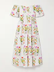 [Borgo de Nor] Borgo de Nor - Gracie Off-the-shoulder Pleated Printed Cotton-blend Piqué Dress - Multi - UK 6 UK 6 Multi