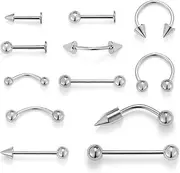 [Berlun] 12pcs Stainless steel Body Piercing Jewelry Piercing Kit Clear Piercing Retainers Nose Tongue Belly nipple rings Earings Eyebrow Cartilage Tragus Lip Hoop Nose Stud Piercing CH-2, all,