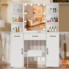 White Dressing Table with Stool and Mirror LED Dimmable Vanity Set Makeup Desk