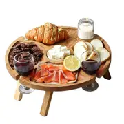 NNEOBA Portable Beach Table Outdoor Folding Small Wine Desk 2 In 1 Wooden Picnic Food Table Drink Wine Glasses Holder Picnic Board