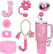 6PCS Cup Accessories Set for Stanley Cup 30oz 40oz Tumbler with Handle, Including Silicone Straw Topper Cover Cap and Boot, Spill Proof Stopper, Handle Charm, Initials Sticker(Pink J)