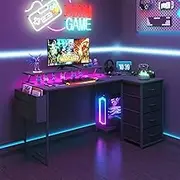 Advwin L Shaped Gaming Desk 140cm Convertible Corner Computer Desk with Monitor Stand Gaming Table with Drawers Black