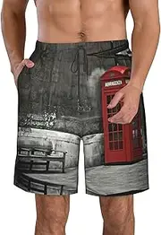 [OdDdot] Cute Nurse Print Men's Quick-Dry Swim Trunks,Breathable Swimming Board Shorts, for Summer Surfing Beach Swimwear, British Phone Booth, Large