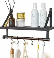 Wall Mounted Bathroom Shelf with Towel Rack and 6 Hooks, Rustic Storage Floating