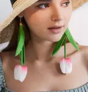 7” Tulips Dangle Drop Earrings Pink White Lightweight Silky Fun Novelty