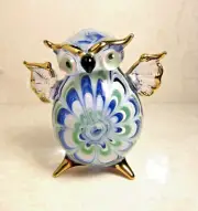 Blue Green Owl figurine bird hand blown art glass gild 2.5" home decor - Gift