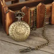 Mens Bronze Steampunk Compass Design Quartz Pocket Watch with Pendant Chain Gift