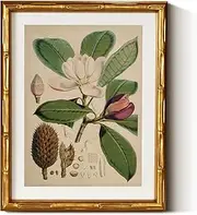 [InSimSea] Gold Bamboo Framed Canvas Wall Art, Retro Nature Magnolia Botanical Paintings, Antique Vintage Picture Frame with Mat, Victorian Home Wall Decor for Living Room Bedroom Gallery, 11x14inch