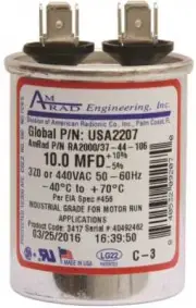 ROUND USA-MADE MOTOR RUN CAPACITOR, 10 MFD, 370/440 VAC Silver