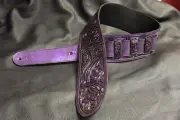 Guitar strap leather tooled hand made in USA 3.5" floral riffs pearl purple