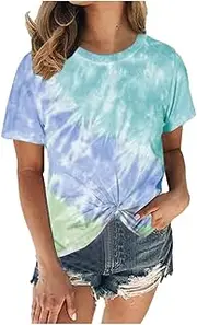 [Franterd] Womens Tie-Dye Gradient Rainbow Short-Sleeved T Shirt Colorful Round Neck Casual Tunic Tops Plus Size