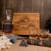 Engraved Flat Whiskey Decanter with 2 Scotch Glasses & 6 Ice Stones Set in Woode