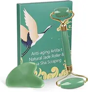 Gua Sha & Jade Roller Gift Set, Natural Green Face Roller and Gua Sha Stone Set, Face Massager Jade Stone Facial Roller for Eye Puffiness, Skin Tightening, Rejuvenation of The Face and Neck (Green large small head)