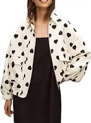 SUDARNY(スダニです) [SUDANI] Autumn Winter Chic Heart Print Bomber Jacket, Casual Jacket, Zip Up Long Sleeve Coat, Pockets Included, Lightweight Cropped Coat, Wind Jacket Coat, Women's Autumn Bomber Sweatshirt, white, L