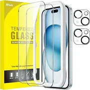 JETech Screen Protector for iPhone 15 Plus 6.7-Inch with Camera Lens Protector, Easy Installation Tool, Tempered Glass Film, HD Clear, 2-Pack Each