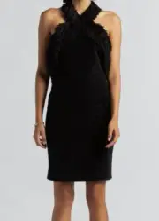 $4900 Bottega Veneta Women's Black Metallic Fringe-Trim Halter Dress Size M