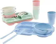 UKQRRTC 24 Pcs Kids Plates and Bowls Set, Stackable Dinnerware Cutlery Set, Lightweight Unbreakable Tableware Set, Multipurpose Toddler Dinnerware Set for Kitchen Picnic School