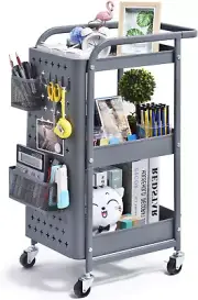 3-Tier Rolling Cart, Metal Utility Cart with Pegboard, Storage Trolley Organizer