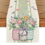 Vase Bloom Tulip Lavender Summer Table 13" x 72", Table Runner Green/White
