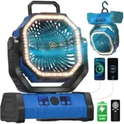 Battery Operated Powered Portable Camping Tent Fan with LED Lantern Light Blue