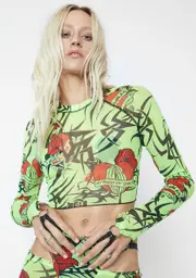 [Namilia] Neon Green Tattoo Rose Raglan Mesh Racer Top