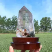 1kg Natural Ghost Quartz Obelisk Reiki Crystal Wand Point Tower Decor + Stand