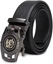 [Generic] Luxury Dragon Pattern Automatic Buckle Leather Belt, Black Genuine Leather, Gunmetal Finish