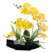 Real Touch Silk Orchid Artificial Flowers with Flower Pots, Yellow+black Vase