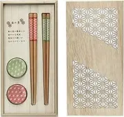 Mino Ware HH-5005A Chopsticks Rest Approx. 1.6 inches (4 cm) & Chopsticks 8.3 inches (21 cm) Set, Hemp Leaves, Wooden Box, Celebration Gift, Made in Japan