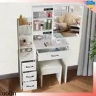 Dressing Table Stool Set Sliding Mirror Vanity Makeup Open Shelves 5 Drawers