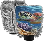 XYMZR Swim Sea Turtle Reef Absorbent Microfiber Car Wash Mitt, Funny Cute Anime Scratch Free for Cars Cleaning, Home Cleaning Mitts, 2 Pack, 10.24” L x 7.09” W