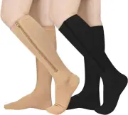 2 Pairs Zipper Compression Socks, 15-20 Mmhg Closed Toe Compression Stocking wit