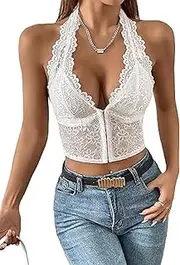 [Generic] Women's Lace Deep V-Neck Sleeveless Open Back Sheer Halterneck Slim Crop Top