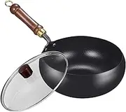 24cm Japanese Iron Pan with Lid, Japanese Pan Non Stick Uncoated Hand-Forged Woks & Stir-Fry Pans Nonstick Iron Wok for Induction, Ga s Stove