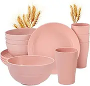 12pcs Kids Wheat Straw Dinnerware Sets, Wheat Straw Plates and Bowls Set for 4 Microwave Safe (Pink)