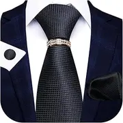 [HATAMOTO] Men's Tie Sets Necktie cufflinks Pocket Square Tie Clip or Tie Ring 4 in 1 Gift Set for Wedding and Business