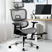 Oikiture Mesh Ergonomic Office Chair with Lumbar Back Support and Footrest Home Gaming Chair Computer Desk Chair Adjustable Headrest and Chrome Steel Base Black and Grey