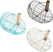 BAZEITFLOW 3Pcs Vintage Iron Fruit Storage Basket Portable Egg Gathering Container Decorative Snack Holder for Kitchen Picnic Use Stylish Rustic Design with Wooden Handle Random Color