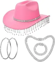 [Hercicy] Cowgirl Outfit for Women Rhinestone Cowboy Hat with Bling Cuban Link Chain Necklace Bracelet Circle Earring