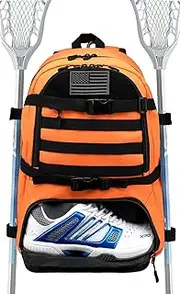 SunForMorning Lacrosse Bag Large Tactical Lacrosse Equipment Backpack with External Buckle Straps to Fix Helmet & Separate Shoe Compartment Holds All Lacrosse or Field Hockey Gears