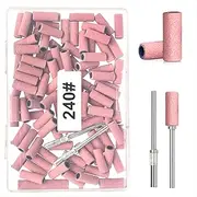 BLESWIN 100pcs Small Sanding Bands for Nail Drill Bit, 240 Fine Grit with 2pcs 3mm Drill Bits, Mini Grit Sanding Bands with Polishing Natural Nails and Cleaning Cuticle for Preparation, Pink