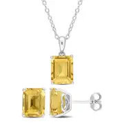 Amour Sterling Silver 7 CT TGW Emerald-Cut and Octagon Citrine Earrings, Pendant