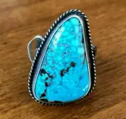 Sterling Silver TURQUOISE with Spiderweb Matrix RING size 8.5 Adjustable