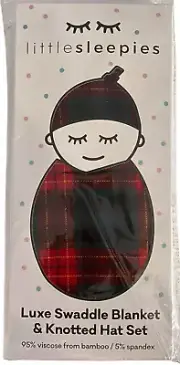 Little Sleepies Red Christmas Plaid Luxe Swaddle Blanket & Knotted Hat Set